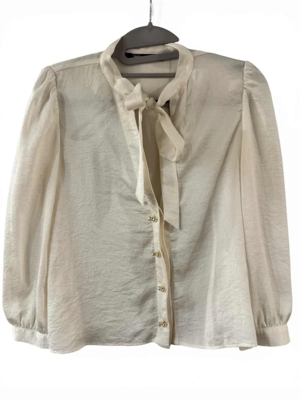 Zara Women Cream Tie Neck Pearl Button Blouse Textured Ivory Long Sleeve Top XS